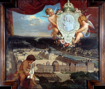 El Louvre de Napoleón III "Vista del Palacio del Louvre y del retrato de Napoleón III (1808-1873) en medallón" Pintura de Victor Joseph Chavet (1822-1906) 1857 Sol. 2,12 x 2,22 m París, Museo del Louvre. de Victor Joseph Chavet