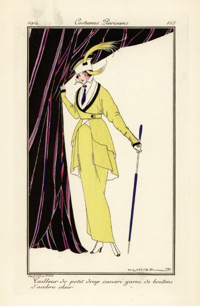 Mujer con vestido amarillo canario con botones ámbar. de Victor Lhuer