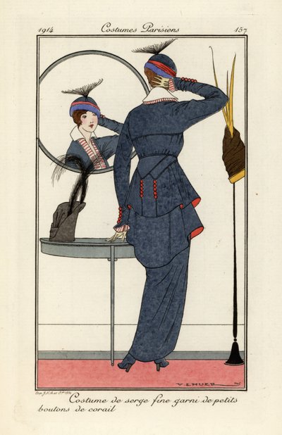Mujer con traje de sarga fina con botones de coral mirando. de Victor Lhuer