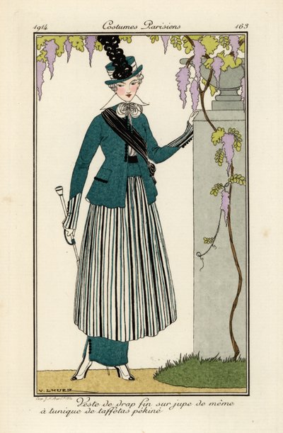 Mujer con traje de lana fina y túnica de tafetán de seda a rayas. de Victor Lhuer