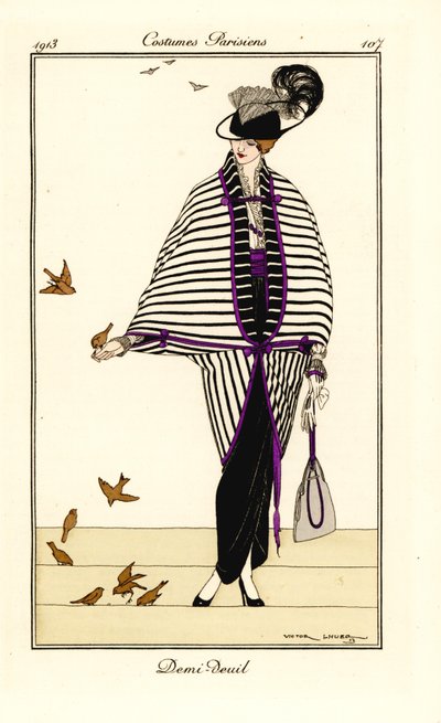 Mujer con traje de medio luto de capa y bata de Victor Lhuer