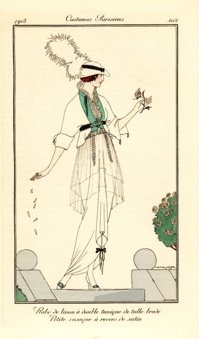 Mujer con vestido de lino con doble túnica de tul bordado, pequeña casaque forrada de raso. Robe de linon a double tunique de tul brode, petite casaque a revers de satin. Grabado pochoir (stencil) coloreado a mano según una ilustración de Victor Lhu de Victor Lhuer