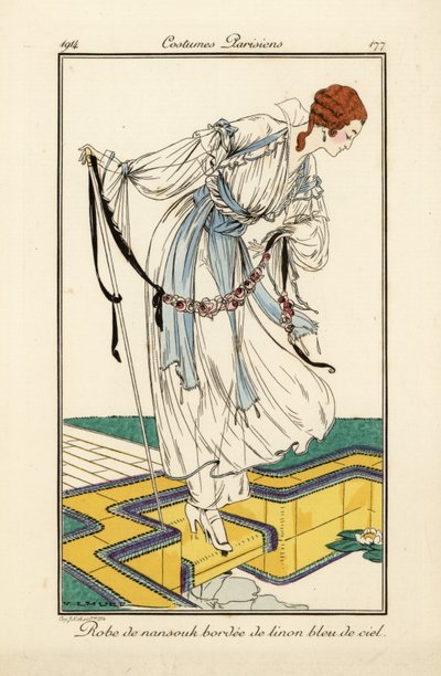 Mujer con vestido de nainsook bordeado de lino azul cielo. de Victor Lhuer