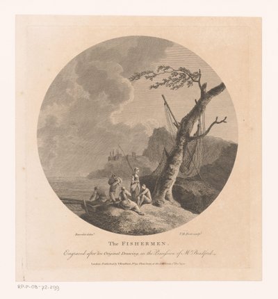 Paisaje con pescadores junto a un árbol con redes de pesca. de Victor Marie Picot