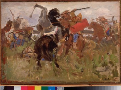 Batalla entre los escitas y los eslavos, choque de jinetes con armadura de Victor Mikhailovich Vasnetsov