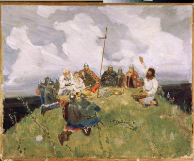 Boyan jugando gusli (gusli, housli, husli) en el siglo XI (Boyan jugando gusli) - Oeuvre de Viktor Mikhaylovich Vasnetsov (1848-1926), huile sur carton de Victor Mikhailovich Vasnetsov