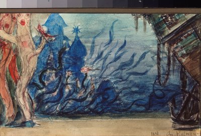 Escenografía preparatoria para la ópera ""Sadko"" de Nicholas (Nikolai) Rimsky Korsakov (Rimsky-Korsakov) (1844-1908) (Escenografía para la ópera Sadko de N Rimsky Korsakov) paisaje submarino - Obra de Viktor Mikhaylovich Vasnetsov (1848- 1926), lápiz y ac de Victor Mikhailovich Vasnetsov