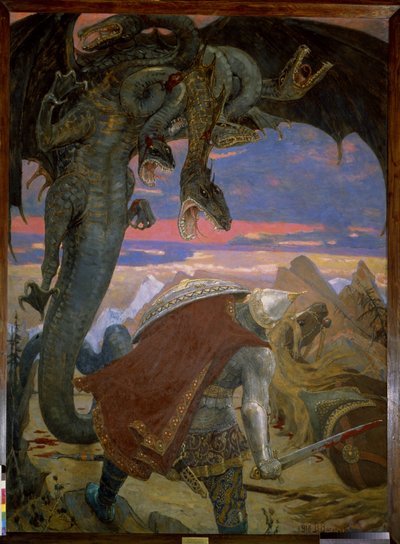 Dobrynia Nikitich luchando contra Gorynych. (Dobrynya Nikitich derrotó a Zmey Gorynych). Leyenda tradicional rusa, el héroe, un noble guerrero, para liberar a Zabava debe luchar contra Gorynych, el dragón de tres cabezas. Pintura de Viktor Mikhaylovich Vas de Victor Mikhailovich Vasnetsov