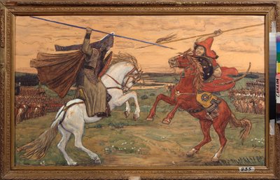 El duelo de Alexander Peresvet y el tártaro Chelibey (o Chelubey, Temir Mourza (Temir-Mourza) en la llanura de Kulikovo en 1380, durante la batalla entre los rusos y la Horda de Oro (Combate singular de Peresvet y Temir Murza (Temir-Murza) en el Kulikovo de Victor Mikhailovich Vasnetsov