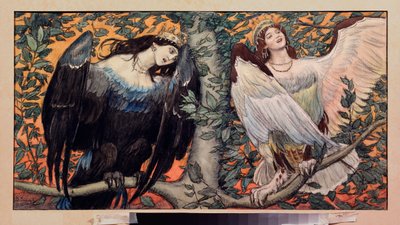 Sirin and Alkonost, A Song Of Joy And Sorrow (Sirin and Alkonost, A Song Of Joy And Sorrow) Aves proféticas con rostro de mujer del folclore ruso - Obra de arte de Viktor Mikhaylovich Vasnetsov (1848-1926), acuarela sobre papel de Victor Mikhailovich Vasnetsov