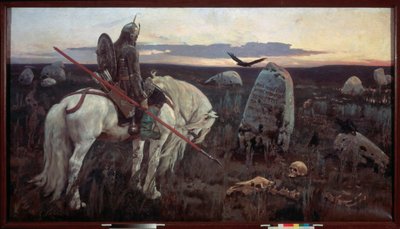 Un caballero en la encrucijada (El caballero, armado con una lanza, parece melancólico frente a una estela grabada en la llanura, rodeada de huesos humanos y sobrevolada por un cuervo, al atardecer) - Un caballero en la encrucijada - Pintura de Viktor Mikh de Victor Mikhailovich Vasnetsov
