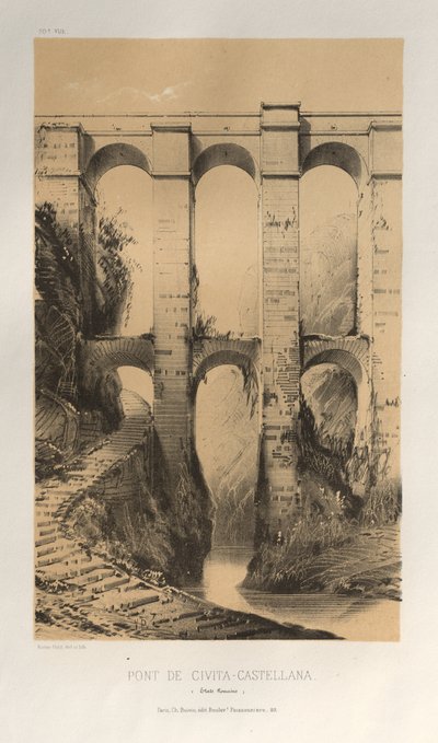 Arquitectura Pintoresca o Monumentos del Siglo XV. y XVI. Siglos: Castillos de Francia de los Siglos XV y XVI: Pl. 50, Pont De Civita-Castellana (Estados Romanos) de Victor Petit