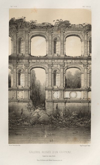 Arquitectura Pintoresca o Monumentos del Siglo XV. y XVI. Siglos: Castillos de Francia de los siglos XV y XVI: Pl. 74, Galería de un castillo en ruinas, según un dibujo antiguo de Victor Petit