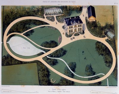 Gran jardín inglés de 6300 metros cuadrados, Ilustración tomada de Parcs et Jardins des environs de Paris (Parques y Jardines de los alrededores de París), Ca 1850, Litografía de Victor Petit (1818-1871), Francia de Victor Petit