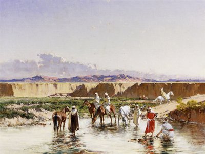 Jinetes árabes abrevando en un oasis de Victor Pierre Huguet