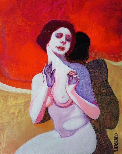 Mujer pensativa vestida de rojo de Victor Tkachenko