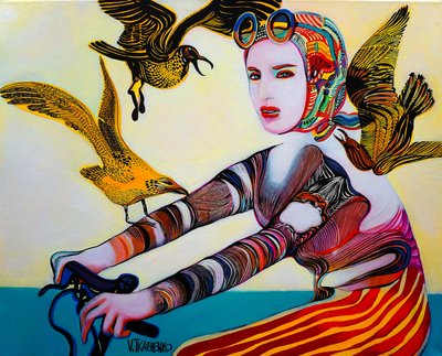 Ciclista y pájaros llenos de vida de Victor Tkachenko