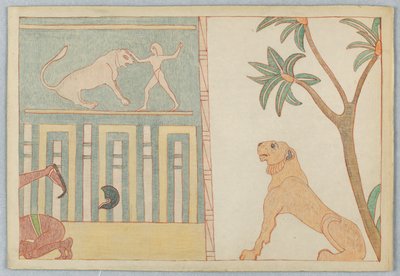 El león derribado por el hombre, ilustración de las fábulas de Esopo de Victor Wilbour