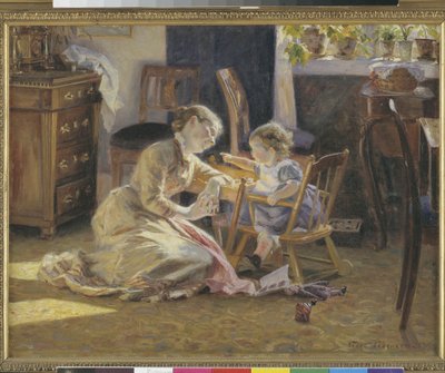 Luz del sol en la sala de estar. La esposa y el hijo del artista de Viggo Pedersen