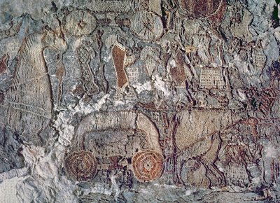 Detalle de un animal tirando de un carro, de un tapiz encontrado con el barco de Oseberg (textil) de Viking