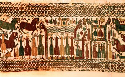 Vikingos: cantantes y campaneros. Tapiz de la iglesia de Skog, Suecia, finales del siglo XII. Estocolmo, museo histórico de Viking