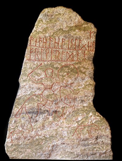 Estela con inscripciones rúnicas representando a un jinete vikingo con un perro (piedra) de Viking Viking