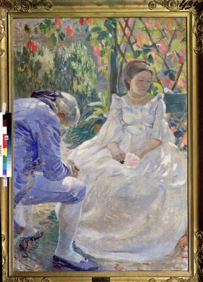 ""La melodía del otoño"" (Una melodía de otoño). Escena galante entre un hombre y una mujer con una flor en la mano. Están vestidos a la moda del siglo XVIII y parecen tristes (¿ruptura?). Pintura de Viktor (Victor) Elpidiforovich Borisov de Viktor Elpidiforovich Borisov Musatov