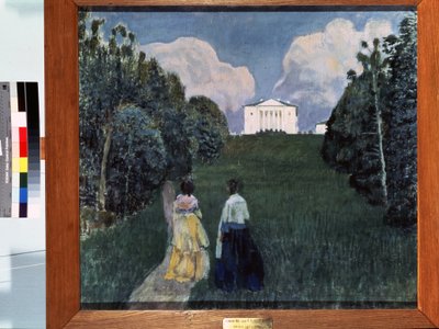 Resplandor de la puesta del sol. Dos mujeres caminando por un camino rural. Pintura de Viktor (Victor) Elpidiforovich Borisov Musatov (Borisov-Musatov) (1870-1905). témpera sobre lienzo de Viktor Elpidiforovich Borisov Musatov