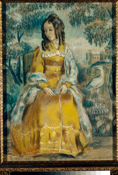 Retrato de Nadezhda Stanyukovich frente a un tapiz, pensativa, con un vestido de crinolina - Dibujo de Viktor (Victor) Elpidiforovich Borisov-Musatov (Borisov Musatov) (1870-1905) de Viktor Elpidiforovich Borisov Musatov