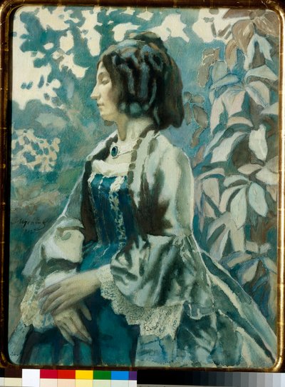 Retrato de una mujer, con los ojos cerrados, pensativa, con un vestido de crinolina - Obra de arte de Viktor (Victor) Elpidiforovich Borisov-Musatov (Borisov Musatov) (1870-1905) de Viktor Elpidiforovich Borisov Musatov