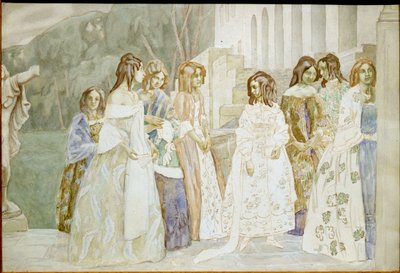 Réquiem: mujeres jóvenes con vestidos de crinolina charlando en un jardín - Obra de Viktor (Victor) Elpidiforovich Borisov-Musatov (Borisov Musatov) (1870-1905) de Viktor Elpidiforovich Borisov Musatov