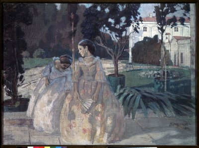 Tapiz. Dos mujeres jóvenes y elegantes caminan por el jardín de una finca rica. Pintura de Viktor (Victor) Elpidiforovich Borisov Musatov (Borisov-Musatov)(1870-1905). témpera sobre lienzo de Viktor Elpidiforovich Borisov Musatov