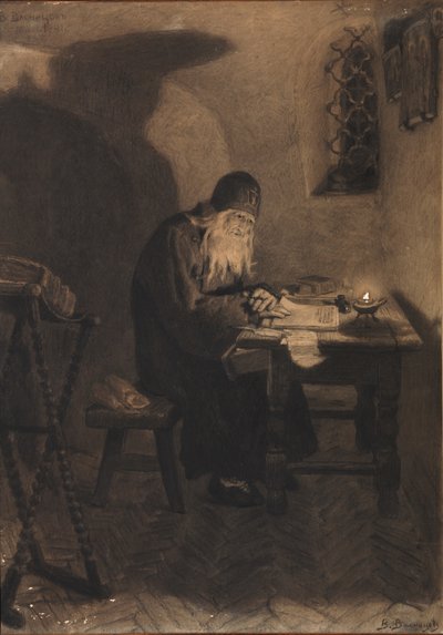 Pimen. Ilustración del Drama Boris Godunov por A. Pushkin de Viktor Mikhaylovich Vasnetsov