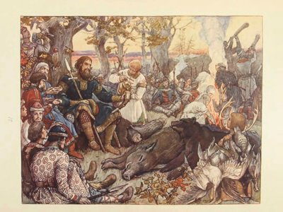Descanso del Gran Príncipe Vladimir II Monomakh en la caza. La caza imperial en Rusia por N. Kutepov de Viktor Mikhaylovich Vasnetsov