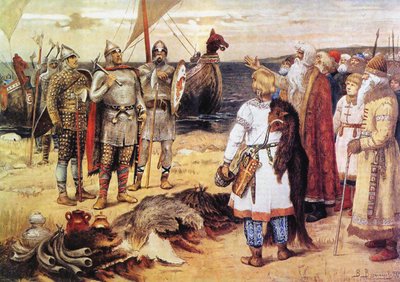 La invitación de los varegos: Rurik y sus hermanos llegan a Staraya Ladoga de Viktor Mikhaylovich Vasnetsov