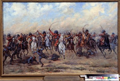 Ataque de la División Salvaje a la Infantería Austriaca. Episodio de la primera guerra mundial (1914-1918): ofensiva de las tropas rusas, masacre de los soldados en el frente, atrocidades de la guerra de Viktor Viketyevich Masurovsky