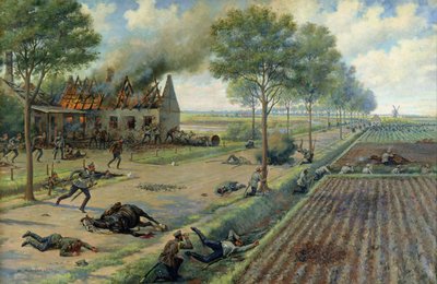 La caballería rusa luchando contra los alemanes en un pueblo en 1915, c.1915-16 (óleo sobre lienzo) de Viktor Viketyevich Masurovsky