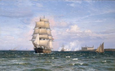 Barco Danés frente al Castillo Kronborg y Helsingør en la distancia de Vilhelm Arnesen