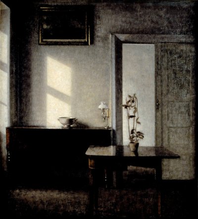 Interior con planta en maceta sobre mesa de cartas, 1910-1911 de Vilhelm Hammershøi