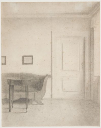 Interior con sofá y mesa pequeña, a la derecha una puerta de Vilhelm Hammershøi