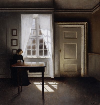 Una mujer cosiendo en un interior de Vilhelm Hammershoi
