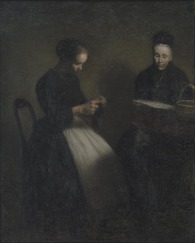 Noche en el salón, la madre y la esposa del artista de Vilhelm Hammershoi
