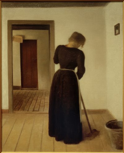 Interior con una joven barriendo de Vilhelm Hammershoi