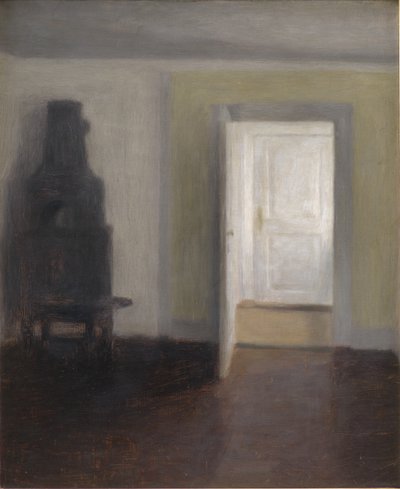 Interior con estufa antigua de Vilhelm Hammershoi