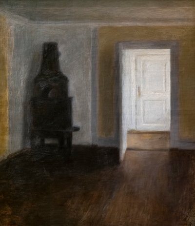 La Puerta Blanca (Interior con la vieja estufa) de Vilhelm Hammershoi