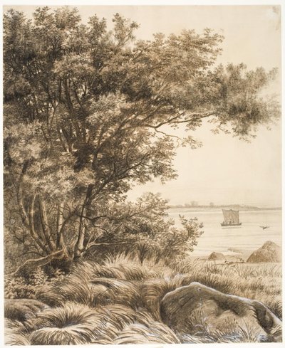 Paisaje costero con árboles altos. Motivo del lago Esrum de Vilhelm Kyhn