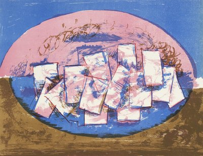 Elipse azul y rosa con cuadrados sobre fondo marrón y azul de Vilhelm Lundstrøm