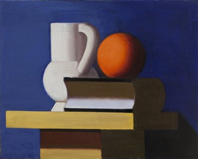 Naturaleza muerta con jarra blanca, naranja y libro de Vilhelm Lundstrøm