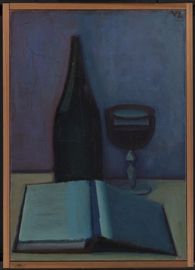 Naturaleza muerta con un libro, un vaso y una botella de Vilhelm Lundstrøm