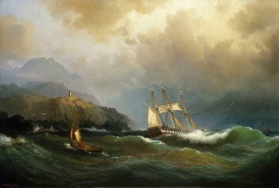 Una fragata arañando una costa rocosa de Vilhelm Melbye